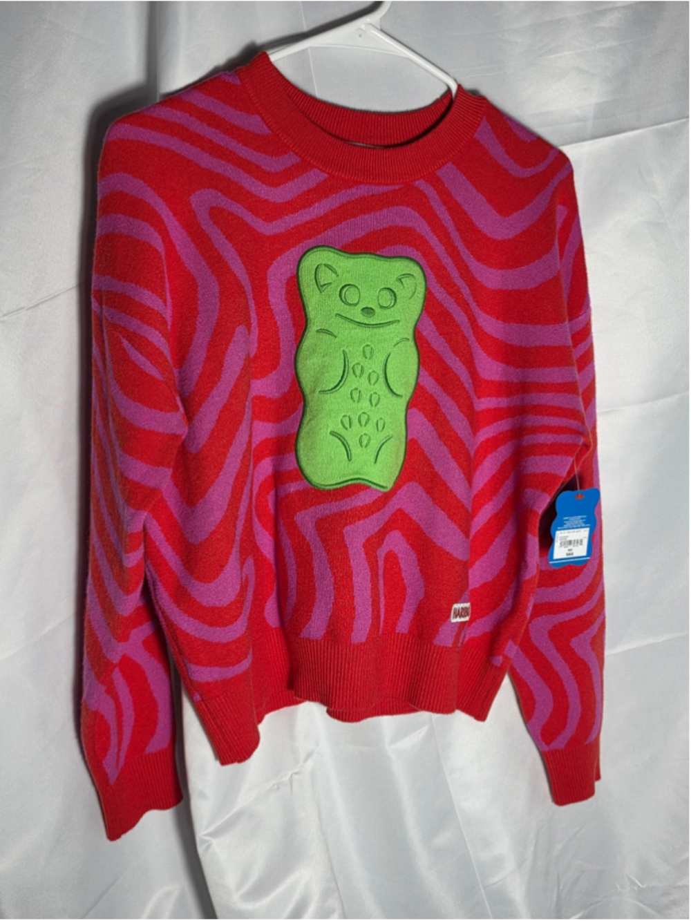 Women's Haribo Gummy Bear Crew Neck Sweater Red Pink Size M funky retro 90s Y2k